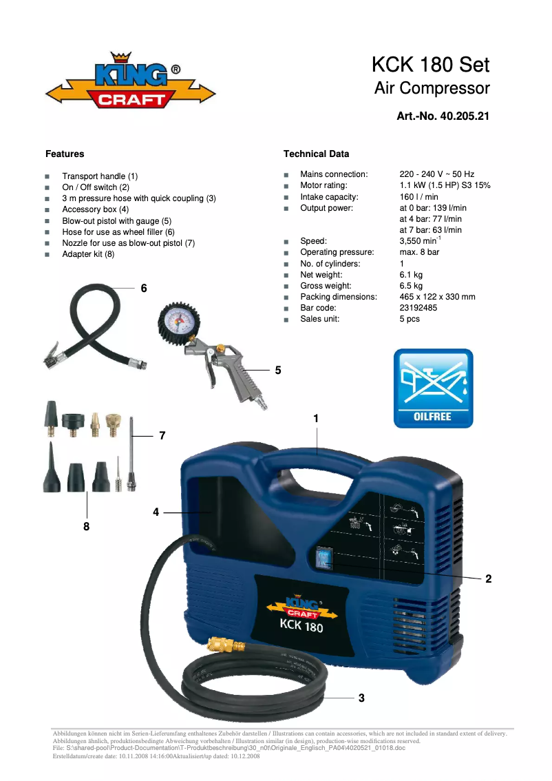 First page image of the manual for KCK 180