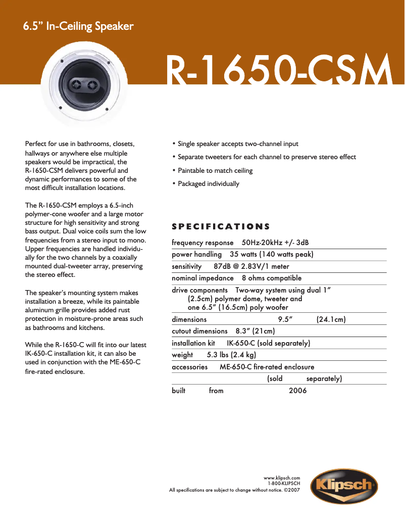 Page 1 of the manual Technical Sheet Klipsch R-1650-CSM