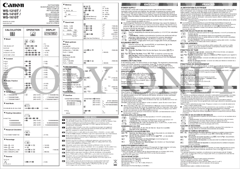 Page 1 of the manual User Manual Canon WS-1610T