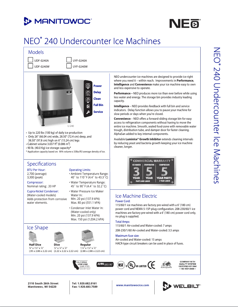 Page 1 de la notice Fiche technique Manitowoc UY-0240A