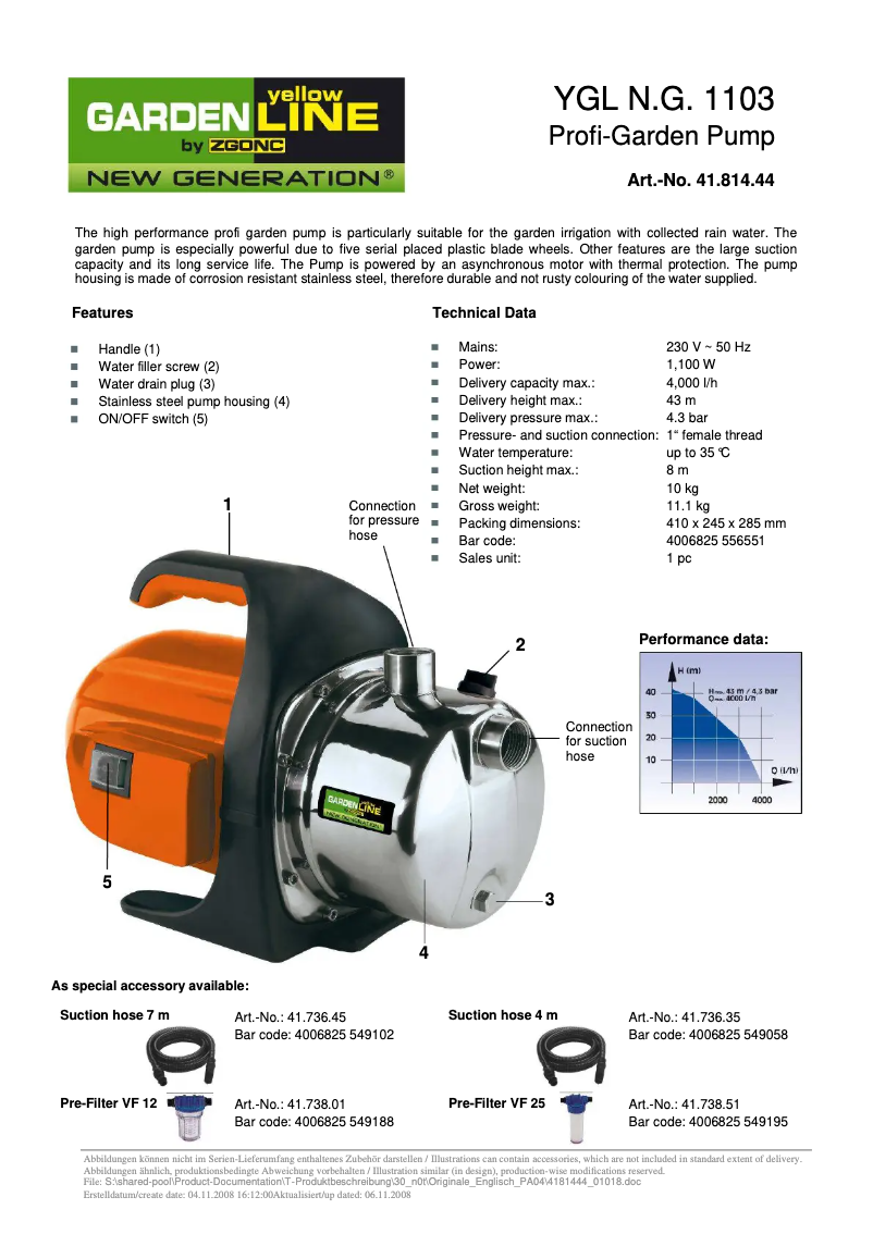 Page 1 of the manual User Manual Yellow Garden Line YGL N.G. 1103