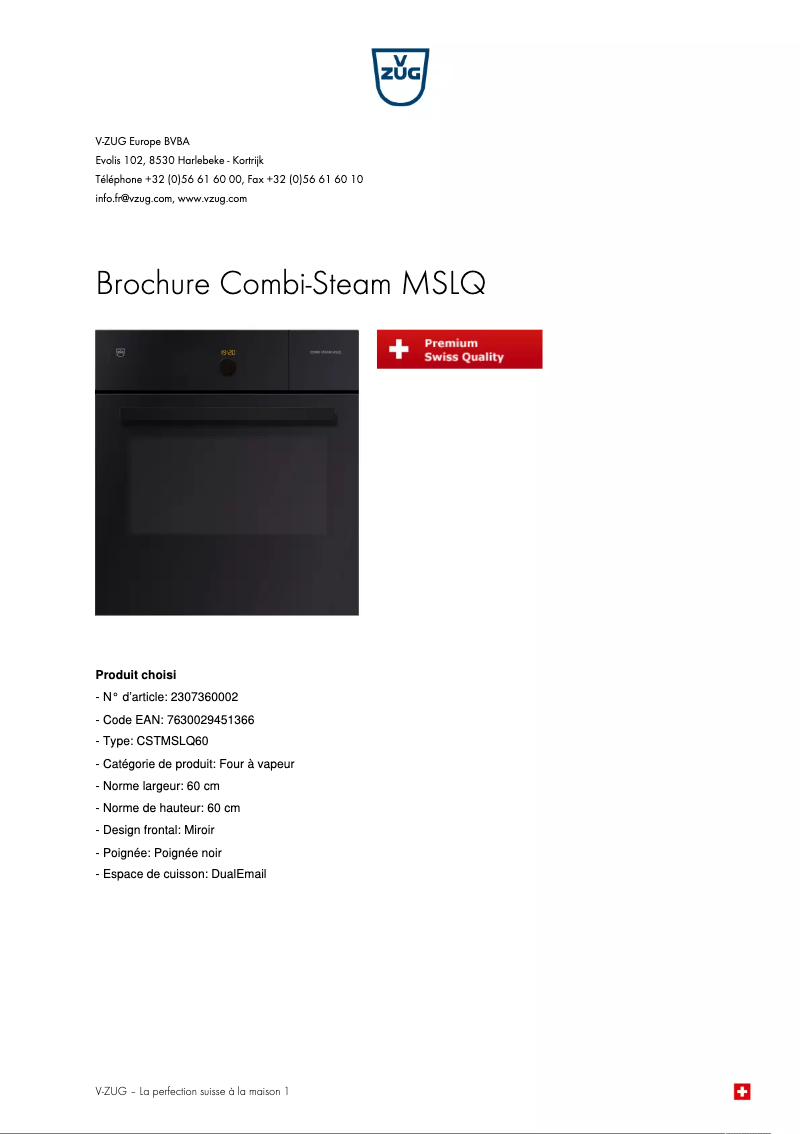 Page 1 of the manual Brochure V-Zug Combi-Steam MSLQ