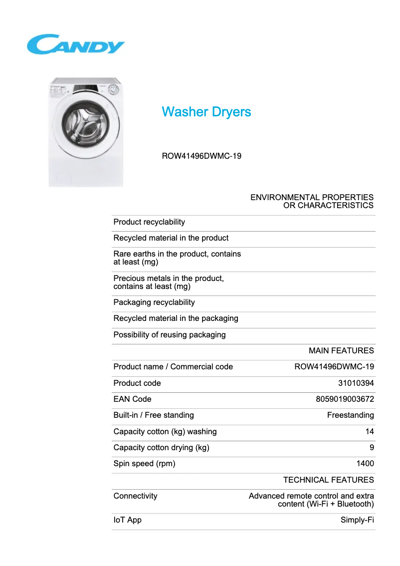 First page image of the manual for ROW41496DWMC-19