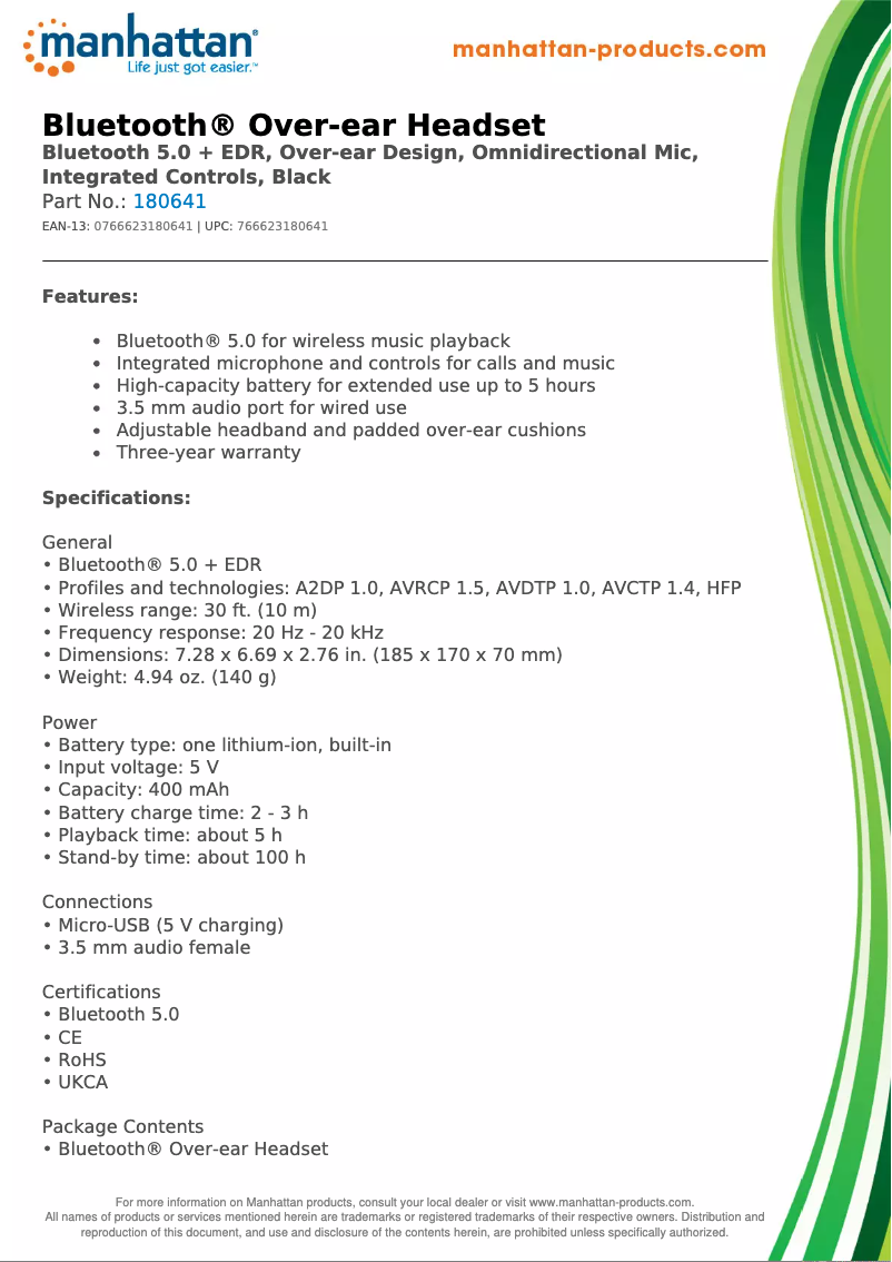 Page 1 of the manual Technical Sheet Manhattan 180641