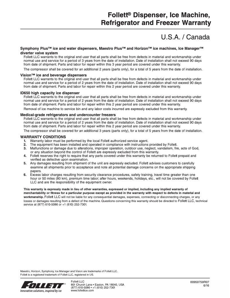 Page 1 of the manual Warranty Information Follett 50FB425A-L