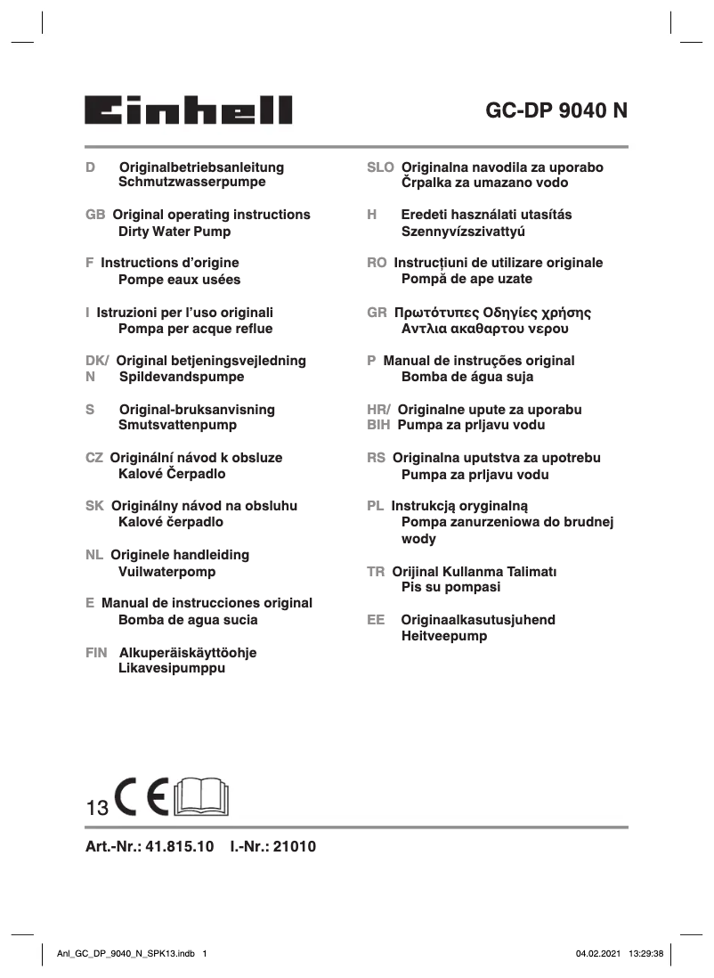First page image of the manual for GC-DP 9040 N