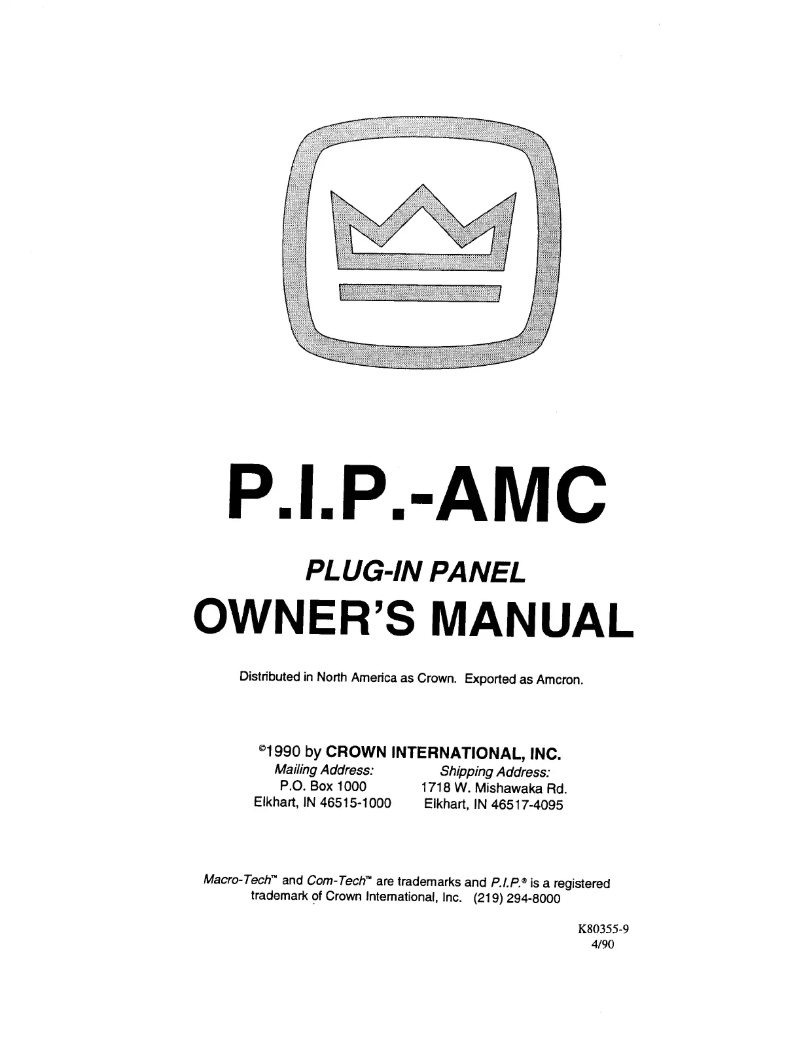Page 1 of the manual User Manual Crown P.I.P.-AMC
