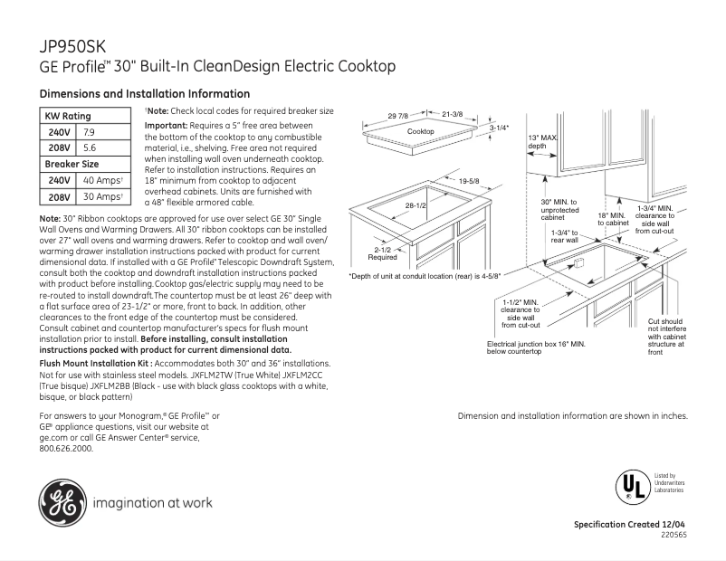 Page 1 of the manual Technical Sheet GE JP950SKSS