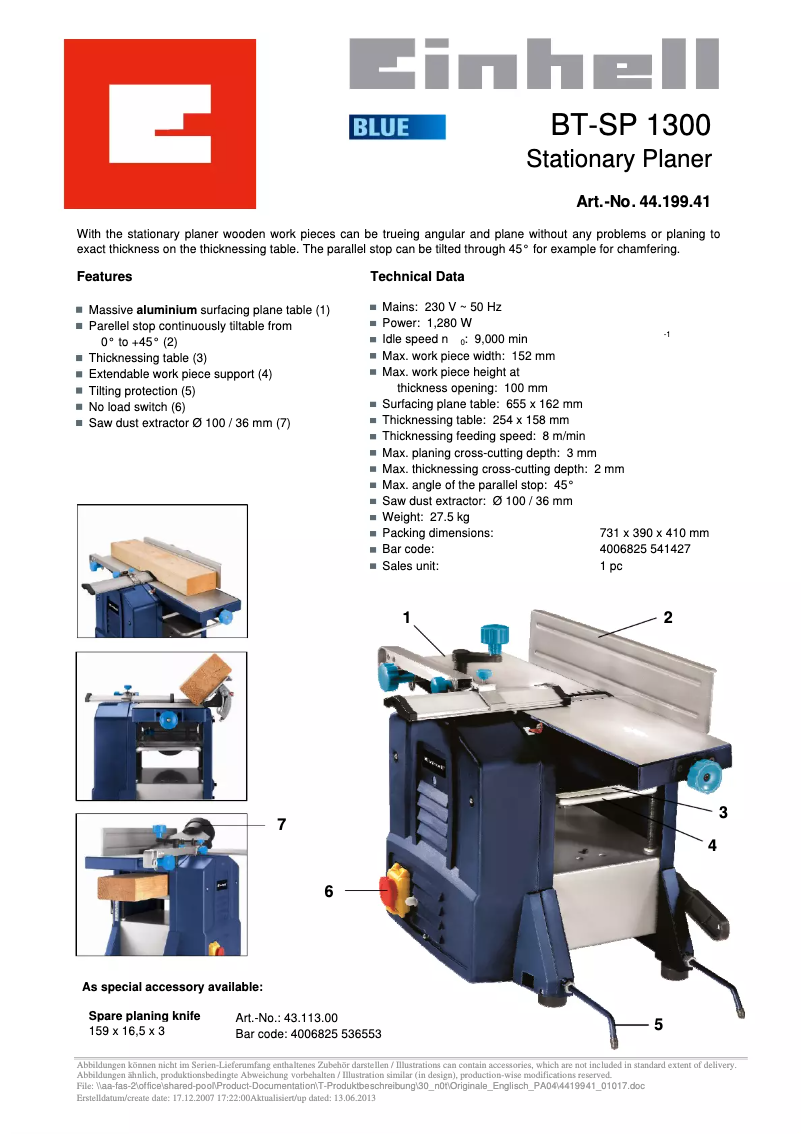 Page 1 of the manual Technical Sheet Einhell BT-SP 1300