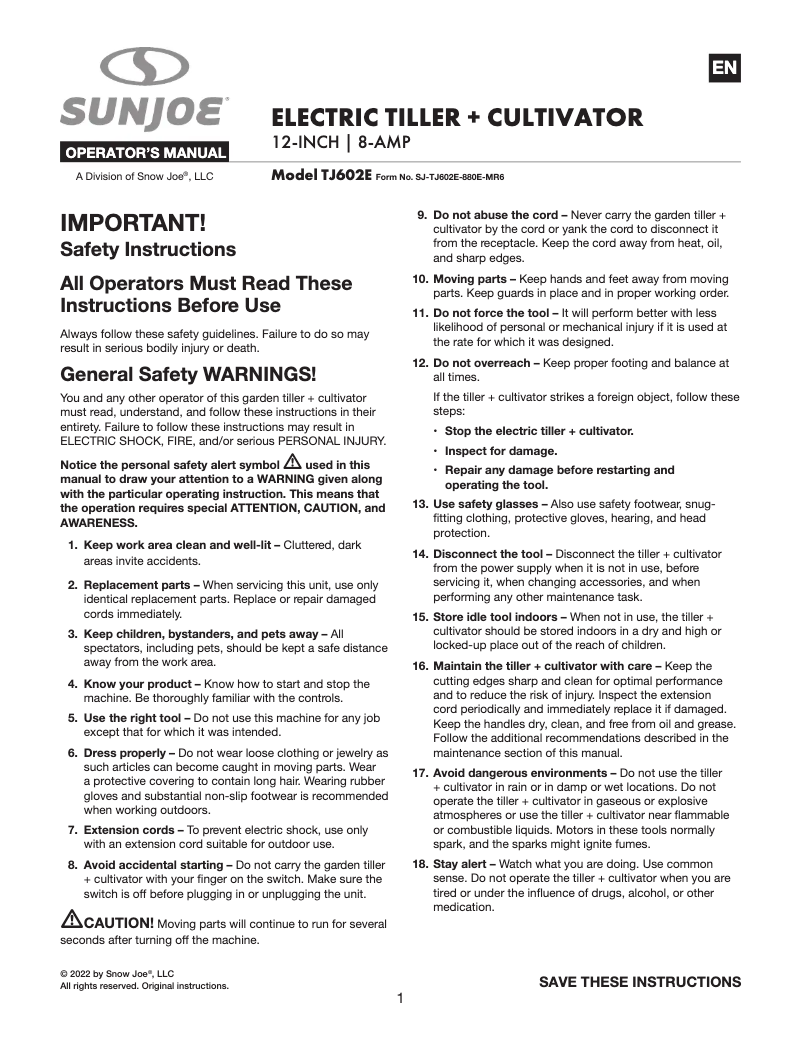 First page image of the manual for TJ602E