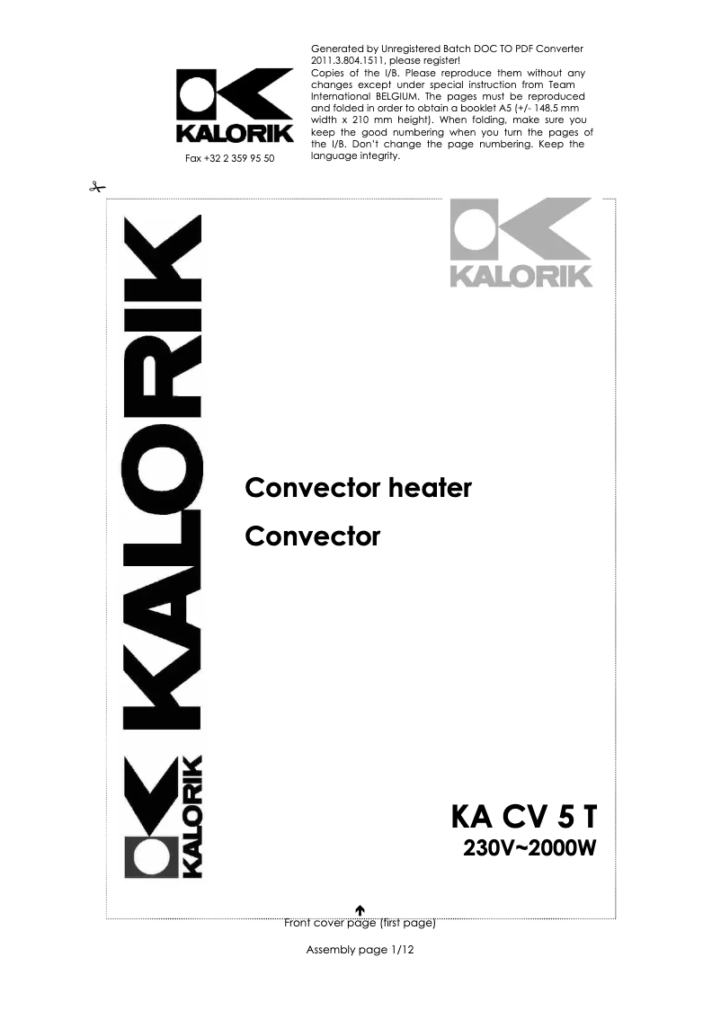 First page image of the manual for KA CV 5 T