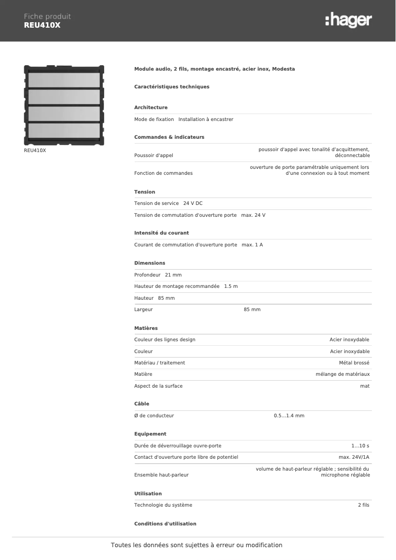 Page 1 of the manual Technical Sheet Hager REU410X