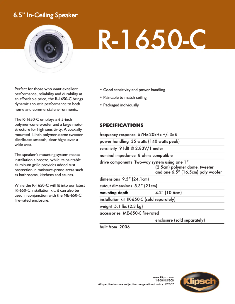 Page 1 of the manual Technical Sheet Klipsch R-1650-C