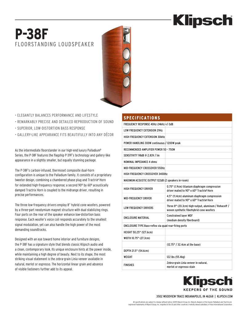 Page 1 of the manual Technical Sheet Klipsch Palladium P-38F