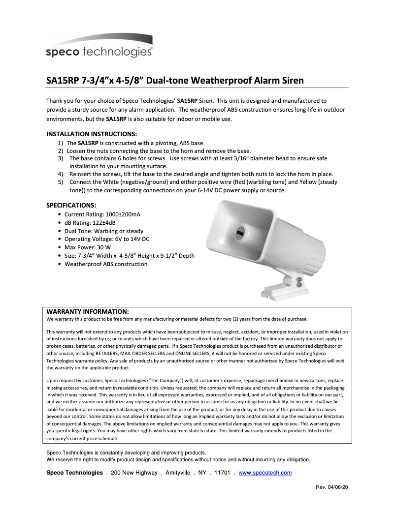Page 1 of the manual User Manual Speco Technologies SA15RP