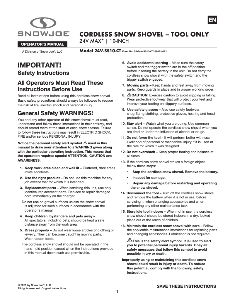 Page 1 of the manual User Manual Snow Joe 24V-SS10-CT