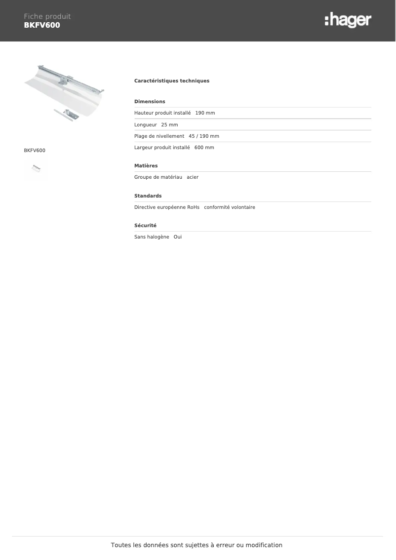 Page 1 of the manual Technical Sheet Hager BKFV600