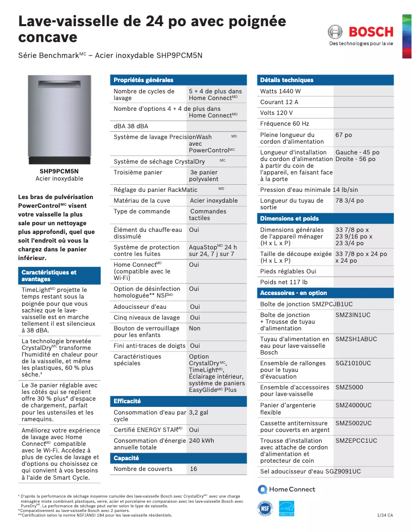 Page 1 of the manual Technical Sheet Bosch SHP9PCM5N
