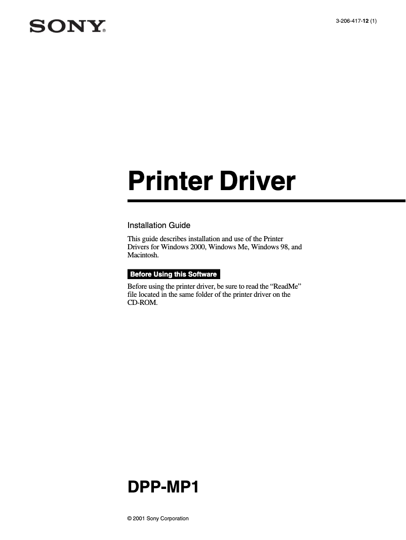 Page 1 of the manual Installation Guide Sony DPP-MP1