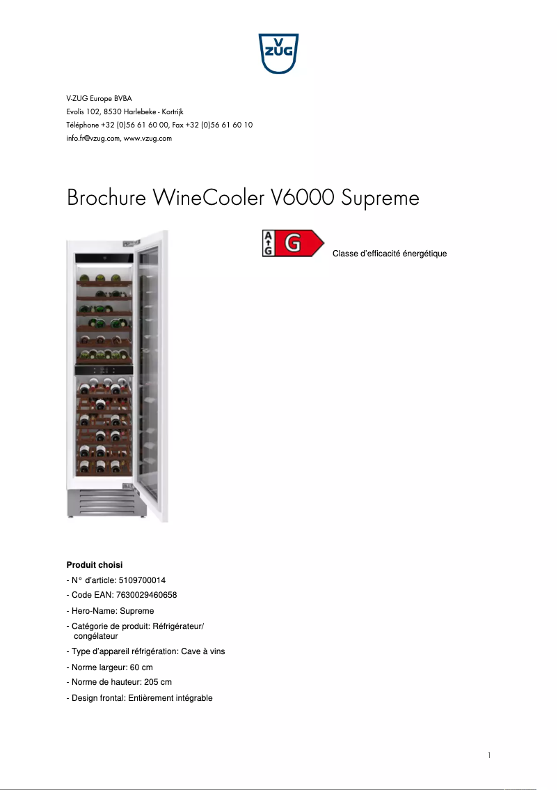 Page 1 of the manual Brochure V-Zug WineCooler V6000 Supreme