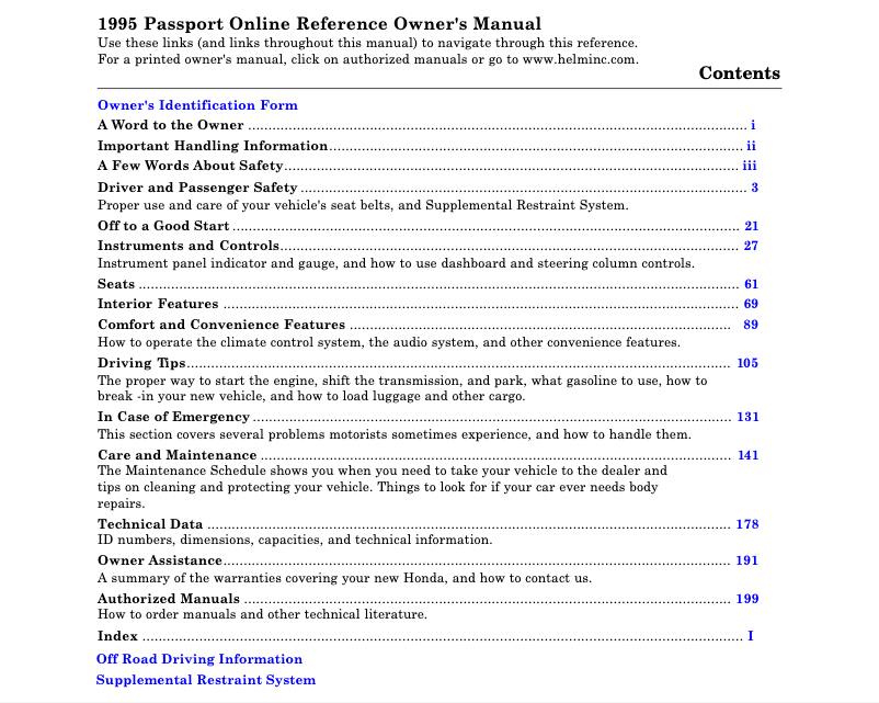 Page 1 of the manual User Manual Honda Passport (1995)