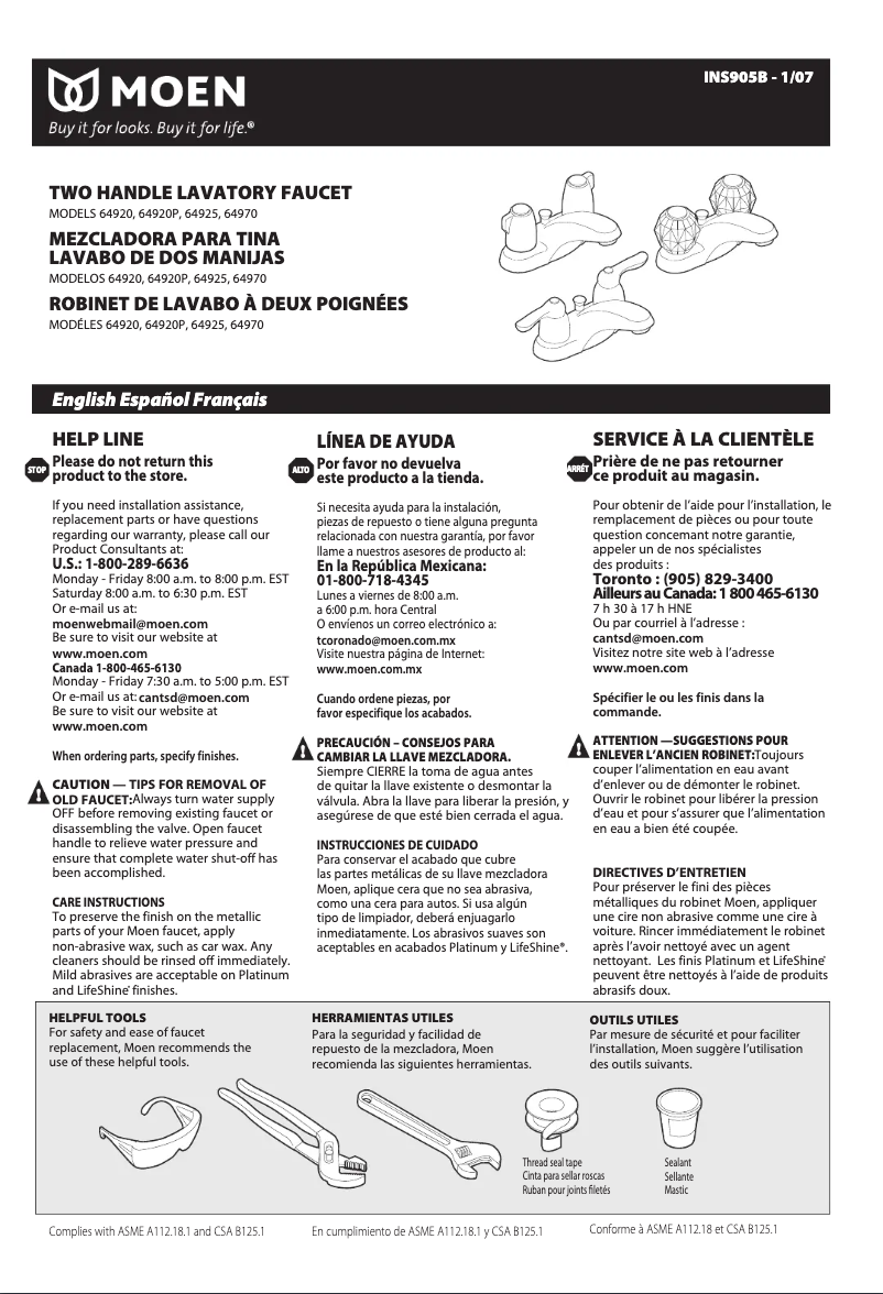 Page 1 of the manual User Manual Moen Chateau 64925