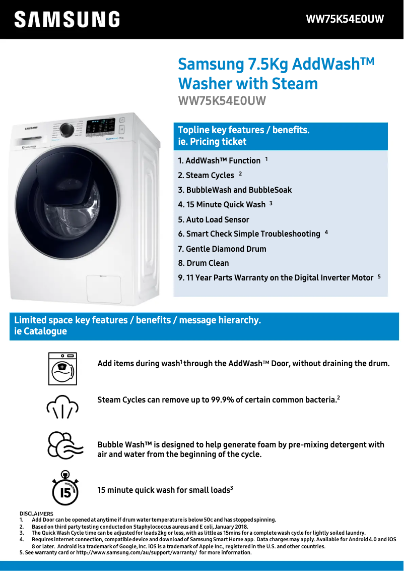 First page image of the manual for WW75K54E0UW