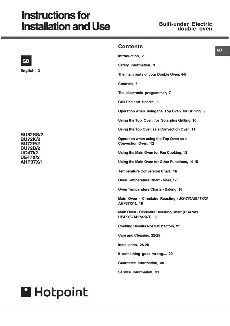 Page 1 of the manual User Manual Hotpoint BU72P2