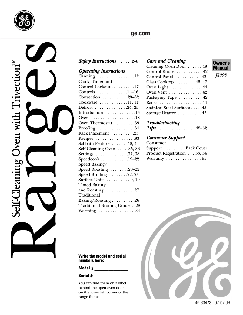 First page image of the manual for Profile JS998KHCC