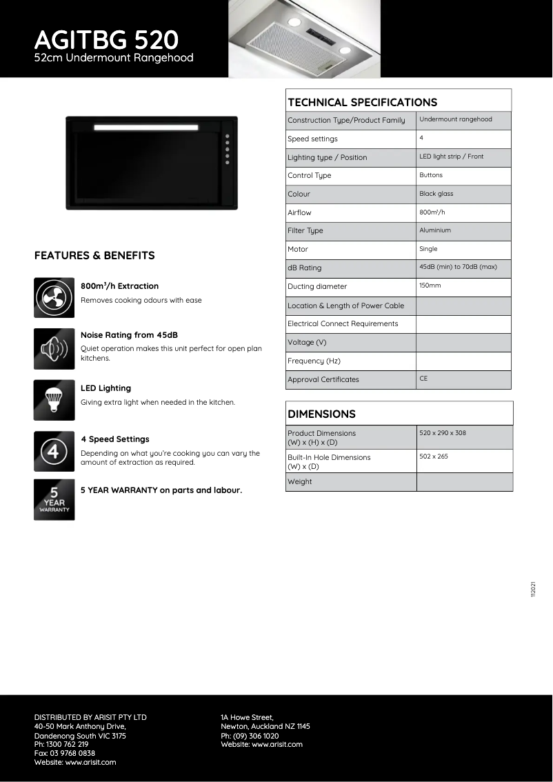 Page 1 of the manual Technical Sheet Tisira AGITBG520