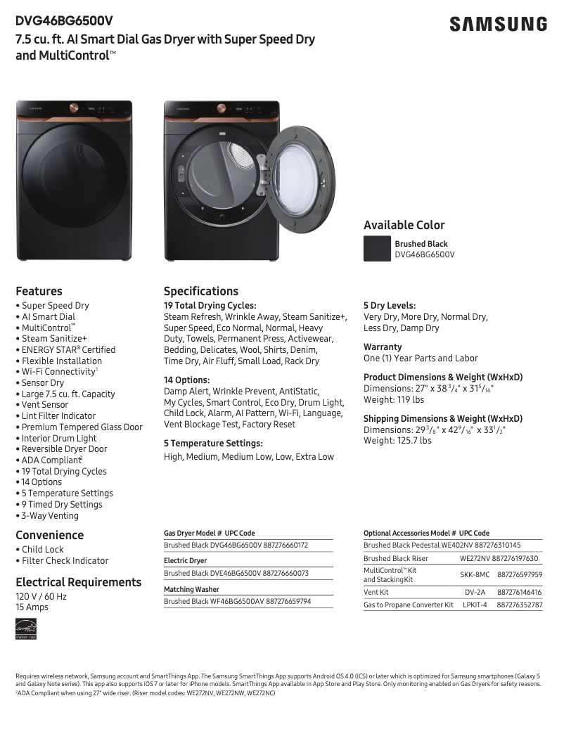 Page 1 of the manual Technical Sheet Samsung DVE46BG6500V