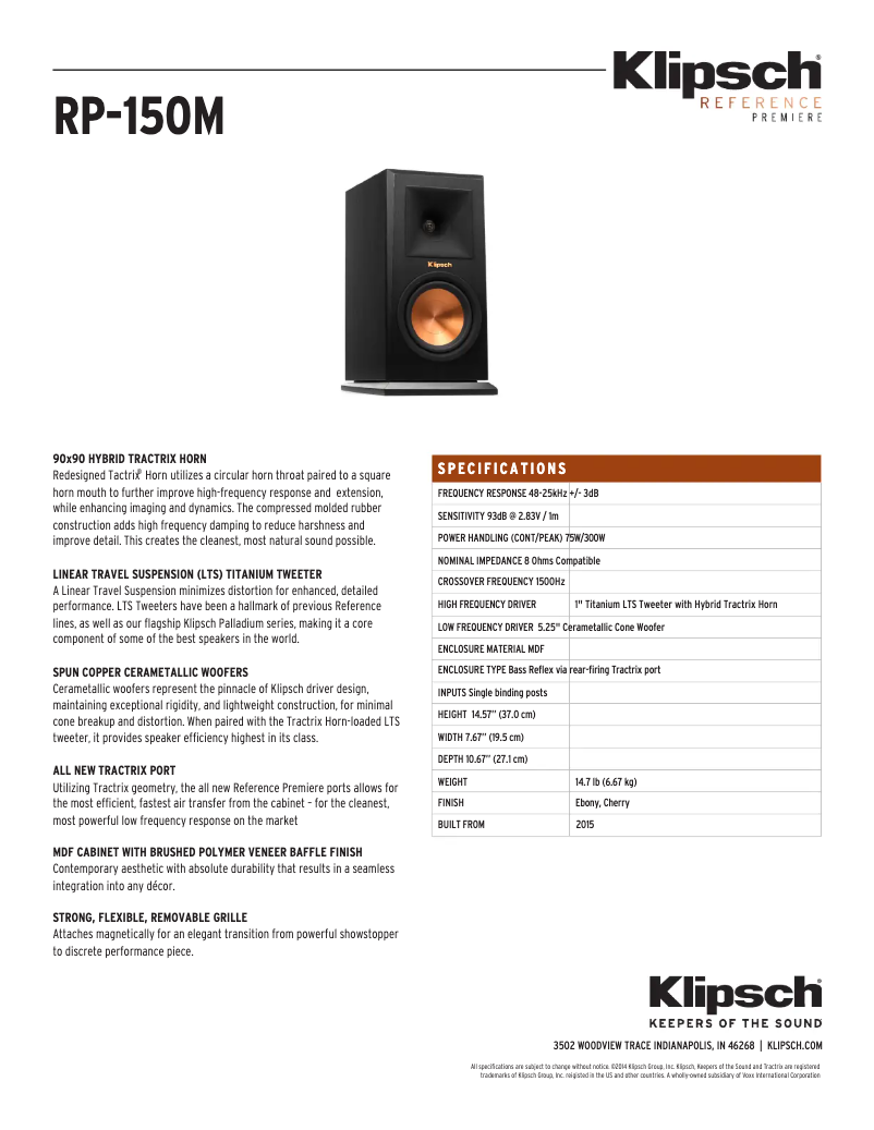 Page 1 of the manual Technical Sheet Klipsch RP-150M