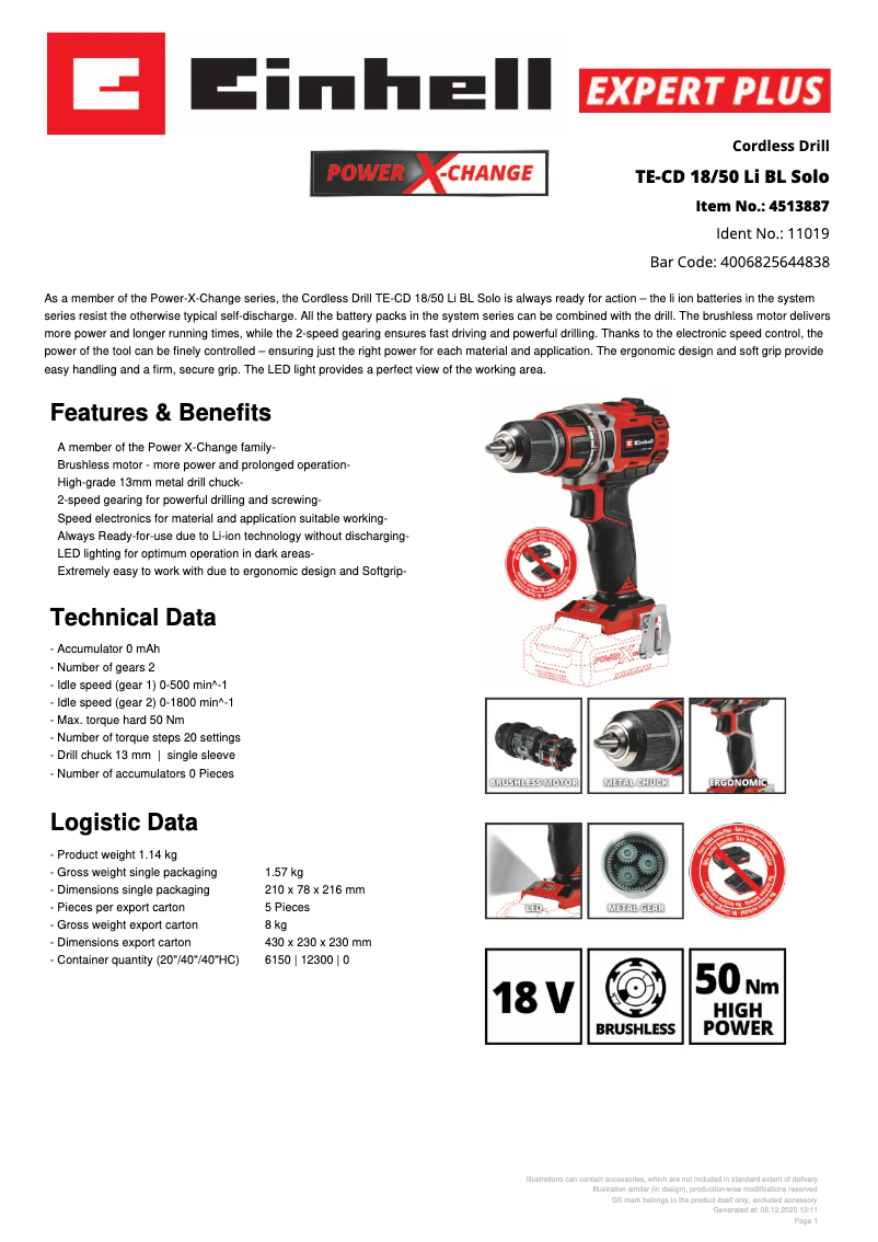 Page 1 of the manual Technical Sheet Einhell TE-CD 18/50 Li