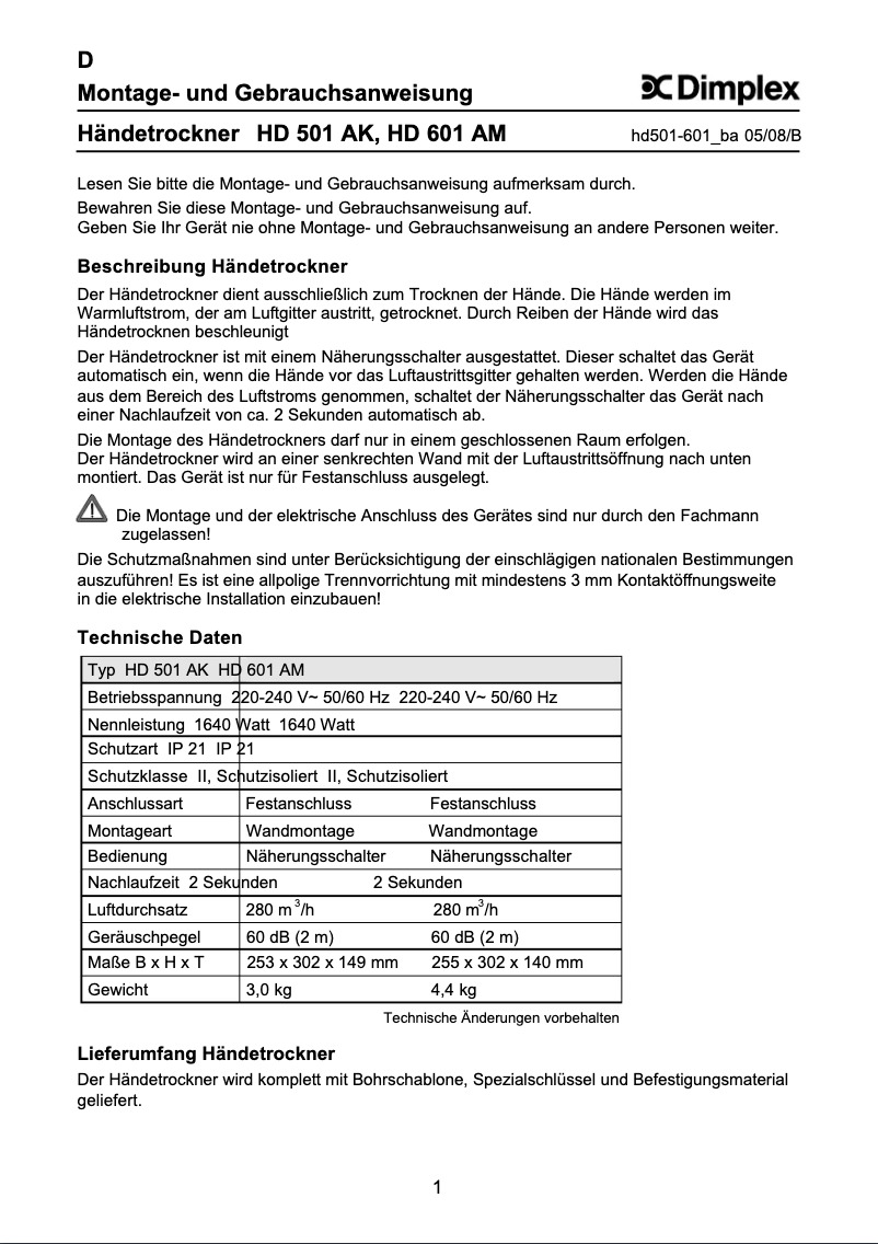 First page image of the manual for HD 501 AK