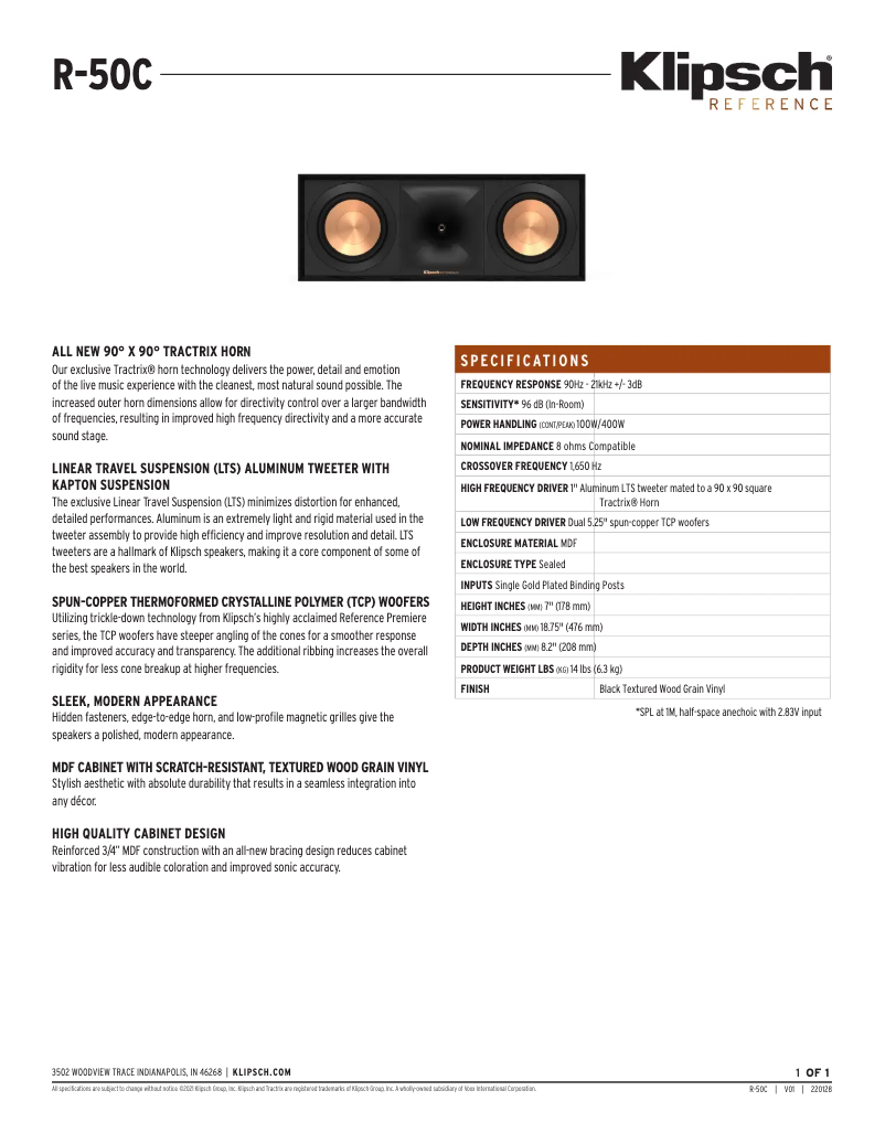 Page 1 of the manual Technical Sheet Klipsch R-50C