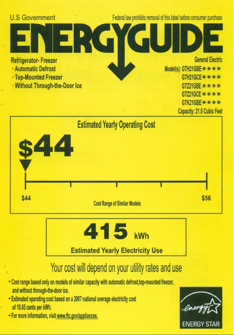 Page 1 of the manual Energy Label GE GTH21GCEWW