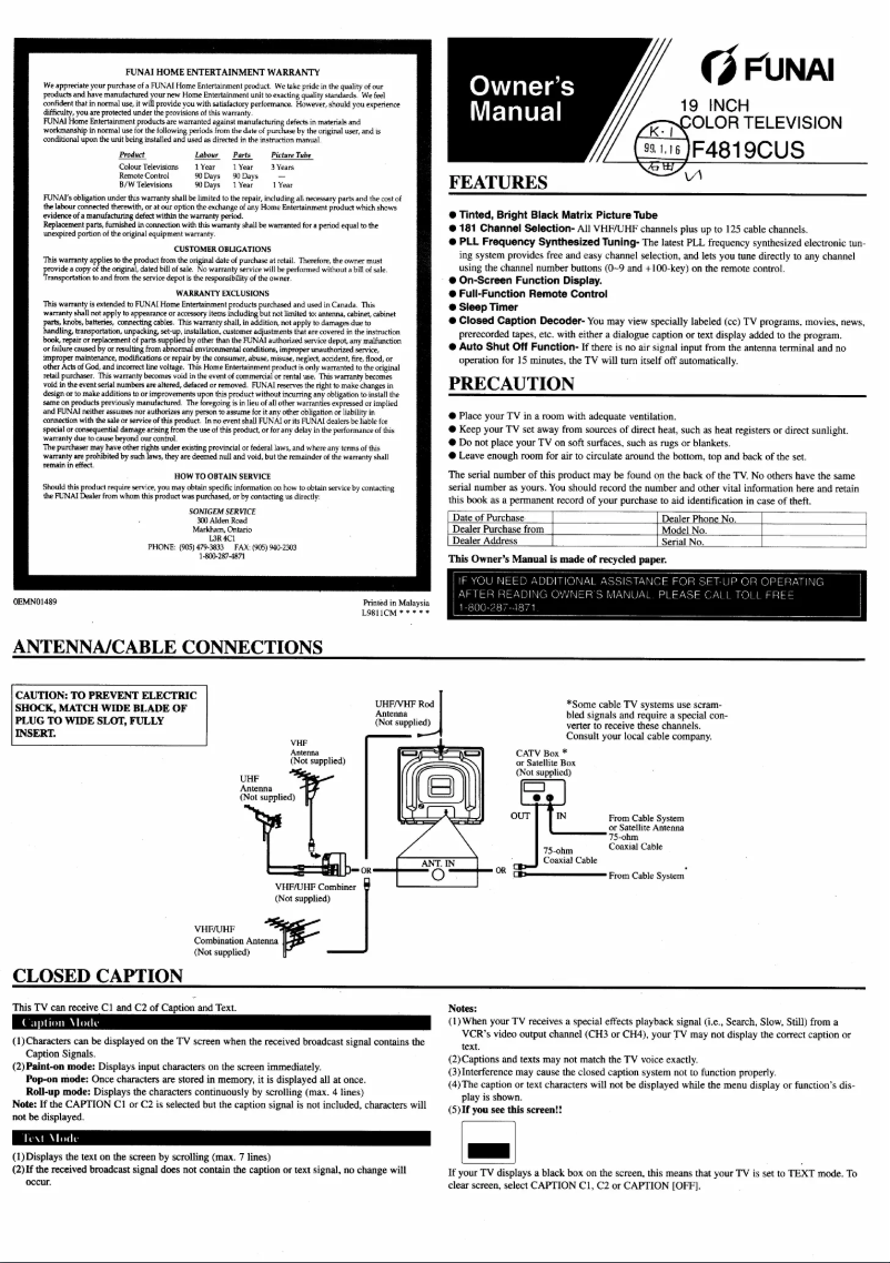 Page 1 of the manual User Manual Funai F4819CUS
