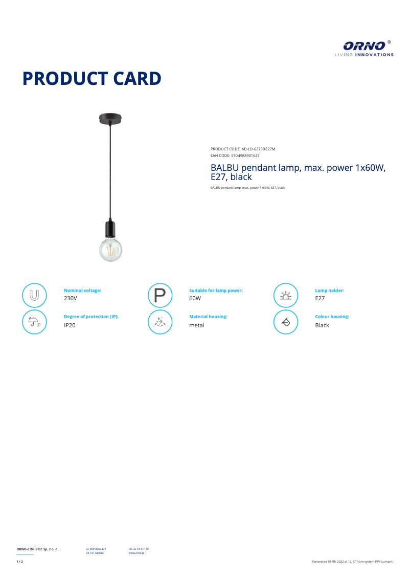 Page 1 of the manual Technical Sheet Adviti AD-LD-6273BE27M