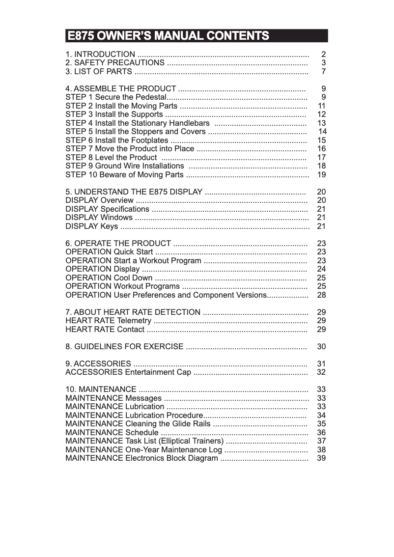 Page 1 of the manual User Manual SportsArt E875
