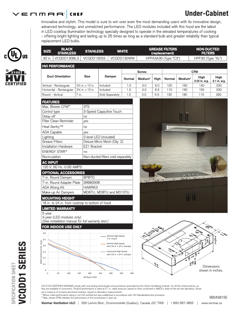 Page 1 of the manual Technical Sheet Venmar Chef VCQDD130SS