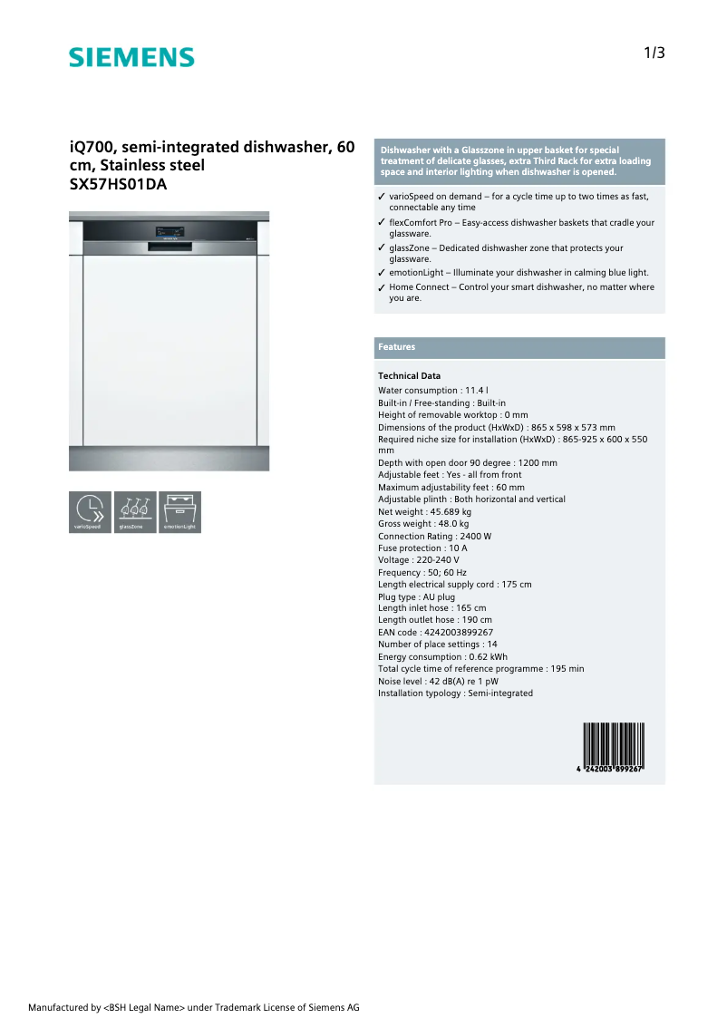 First page image of the manual for SX57HS01DA