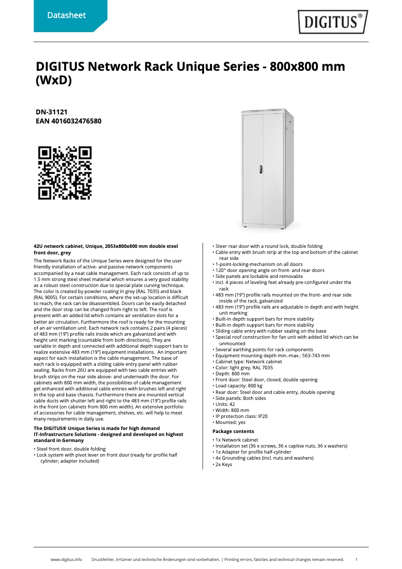 Page 1 of the manual Technical Sheet Digitus DN-31121
