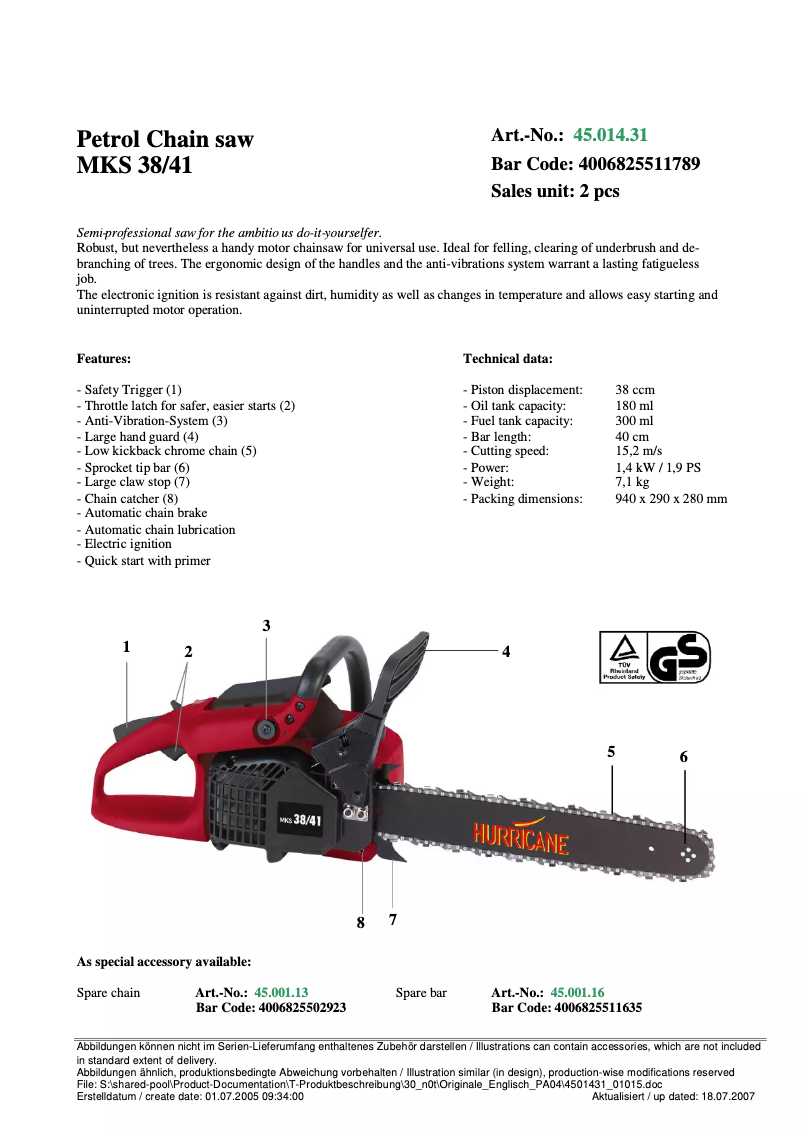 Page 1 of the manual User Manual Hurricane MKS 38/41