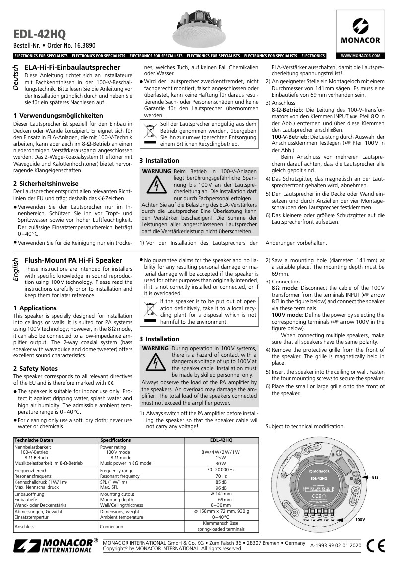 Page 1 of the manual User Manual Monacor EDL-42HQ