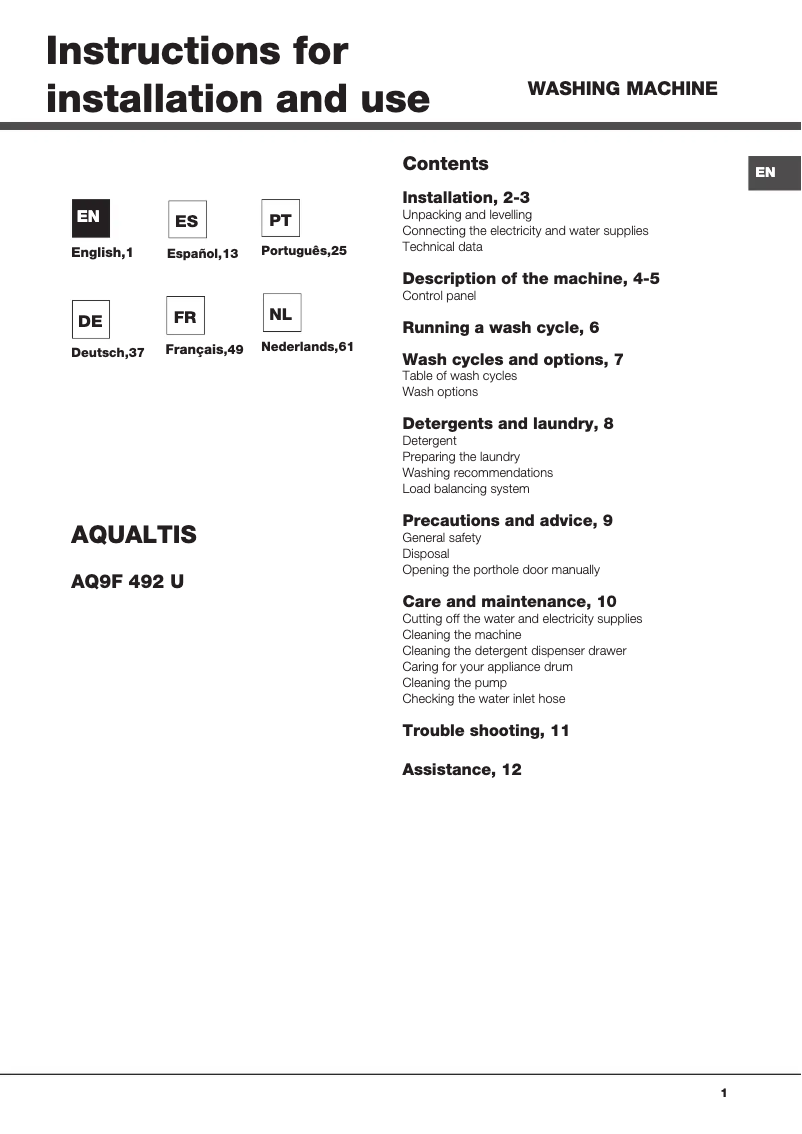 Page 1 of the manual User Manual Hotpoint Aquatis AQ9F 492 U