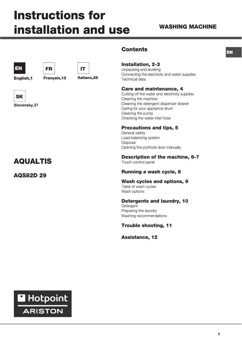 First page image of the manual for Aqualtis AQS82D 29