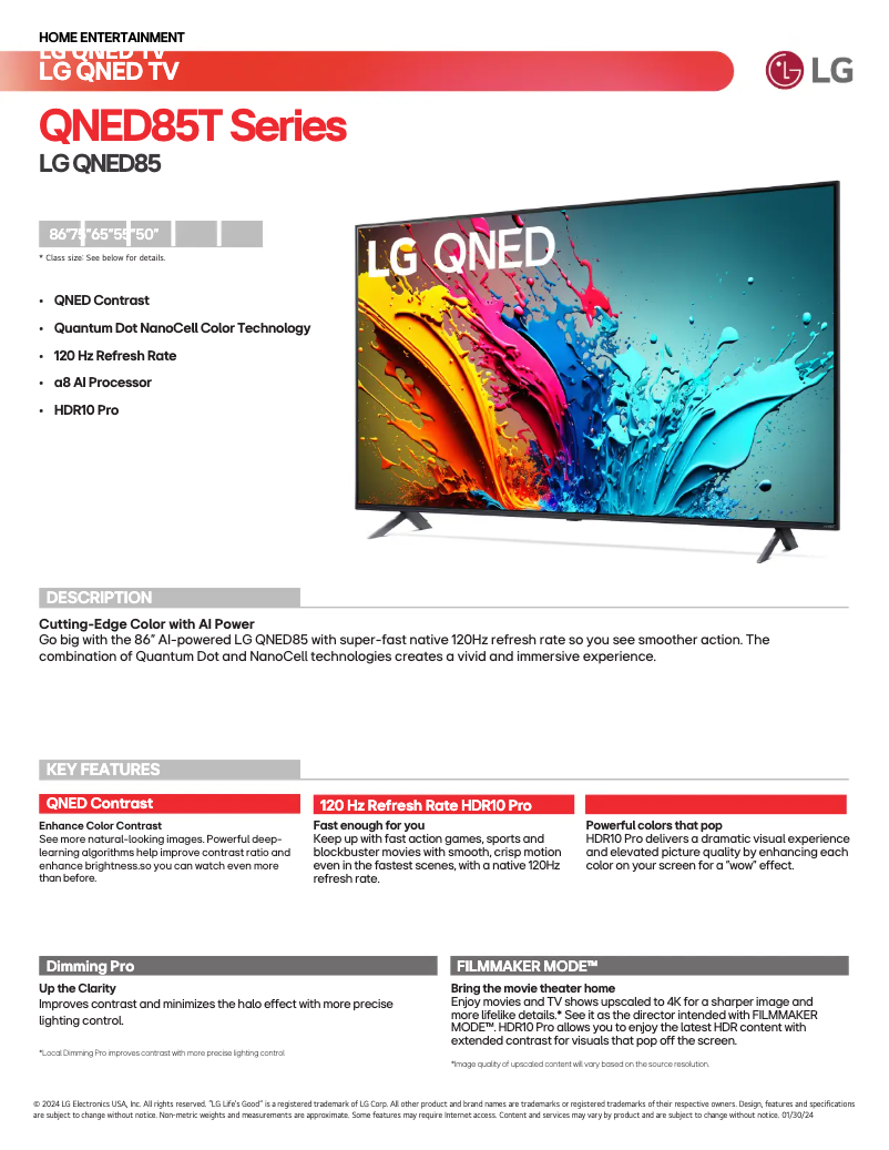 Page 1 of the manual Technical Sheet LG 65QNED85TUA