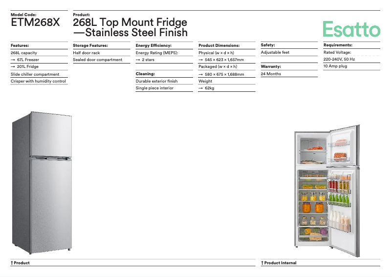 Page 1 of the manual Technical Sheet Esatto ETM268X