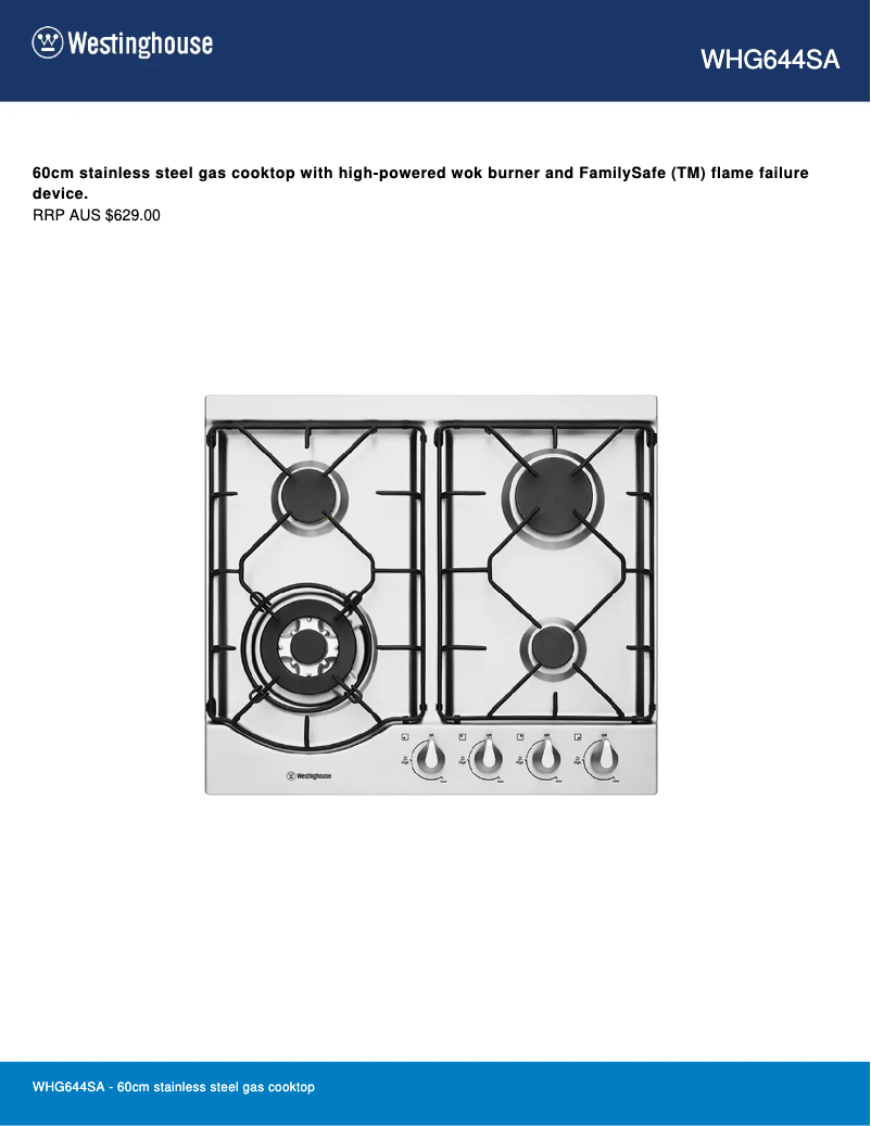Page 1 of the manual Technical Sheet Westinghouse WVE615S