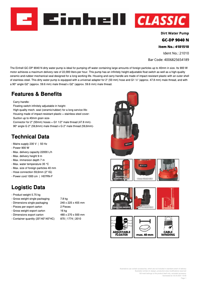 Page 1 of the manual Technical Sheet Einhell GC-DP 9040 N